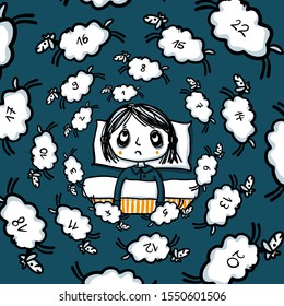 Insomnia - Man at night who cannot fall asleep is counting sheep in a neverending spiral - sleeplessness hand-drawn vector illustration
