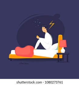 Insomnia, A Man Is Sitting On The Bed. Flat Design Vector Illustration.