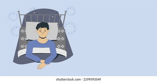 Insomnia man. Unhappy, sad, tired boy lying in bed, trying to fall asleep. male character suffers from insomnia. Sleep disorder, sleeplessness concept. Vector illustration in flat cartoon design