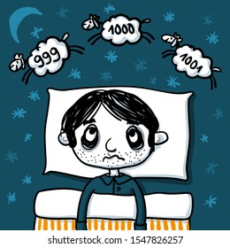 Insomnia - Man who cannot fall asleep is counting sheep - sleeplessness hand-drawn vector illustration