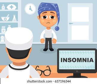 Insomnia medical concept. Vector illustration. Doctor and patient are talking in the hospital. Isolated on white background.