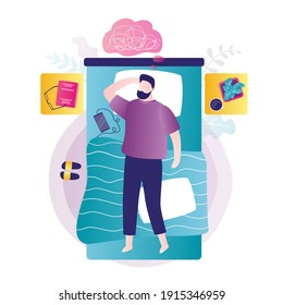 Insomnia, mental problems concept. Young adult lies in bed and cannot sleep. Psychological problems, overstrain. Stress after work. Unhappy male character in bedroom. Top view. Vector illustration