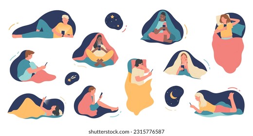 Insomnia of mobile phone addicts at night set vector illustration. Cartoon isolated home bedroom scenes with woman and man lying and sitting with smartphones and tablets to play and read news