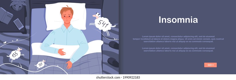 Insomnia night medical problem of young man, lying in home bed, sleeping disorder