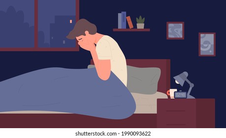 Insomnio nocturno, desorden mental del sueño ilustración vectorial. Caricatura: un cansado descontento despierta de miedo, un joven triste y exhausto sentado en la cama después de una pesadilla de estrés, de la noche sin dormir