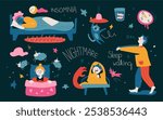 Insomnia and nightmares - modern colored vector illustration set with trouble sleeping. Sleepwalking, counting sheep, lying in bed, being scared of a monster in the nursery and jaw in a glass