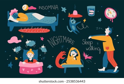 Insomnia and nightmares - modern colored vector illustration set with trouble sleeping. Sleepwalking, counting sheep, lying in bed, being scared of a monster in the nursery and jaw in a glass