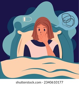 insomnia, obsessive thoughts and frustration concept. Sad woman can't sleep. vector illustration