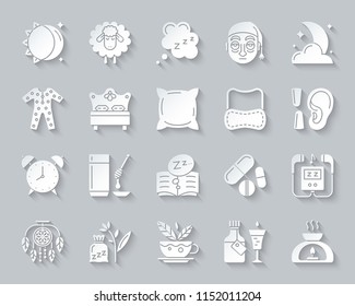 Insomnia paper cut icons set. 3D sign kit of sleep. Dream pictogram collection includes somnolent syrup, aromatic candle, aroma lamp. Simple insomnia vector carved icon shape. Material design symbol