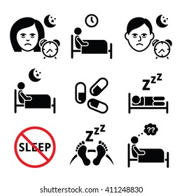 Insomnia, People Having Trouble With Sleeping Icons Set 