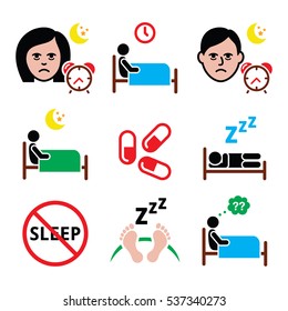 Insomnia, people having trouble with sleeping icons set 