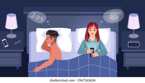 Insomnia people. Sleeping snoring man, sleepless tired woman with smartphone, couple bedroom night relax view from above, suffering girl, psychological disorder. Vector cartoon concept