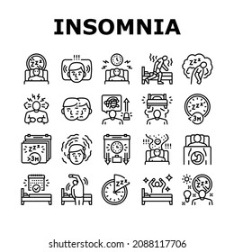 Insomnia Person Chronic Problem Icons Set Vector. Remaining Passively Awake And Difficulty Falling Asleep At Night, Insomnia Stimulus Control And Light Therapy Black Contour Illustrations