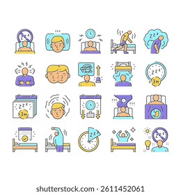 Insomnia Person Chronic Problem Icons Set Vector. Remaining Passively Awake And Difficulty Falling Asleep At Night, Insomnia Stimulus Control And Light Therapy Line. Color Illustrations
