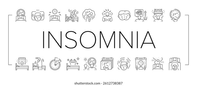 Insomnia Person Chronic Problem Icons Set Vector. Remaining Passively Awake And Difficulty Falling Asleep At Night, Insomnia Stimulus Control And Light Therapy Black Contour Illustrations