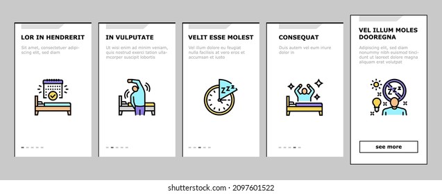 Insomnia Person Chronic Problem Onboarding Mobile App Page Screen Vector. Remaining Passively Awake And Difficulty Falling Asleep At Night, Insomnia Stimulus Control And Light Therapy Illustrations