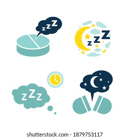Insomnia pill icons set. Sleeping problems sign. Sleeping disorder, nightmare, sleeplessness pictogram. Medical, healthcare, healthy lifestyle concept. Editable vector illustration in blue colors.  