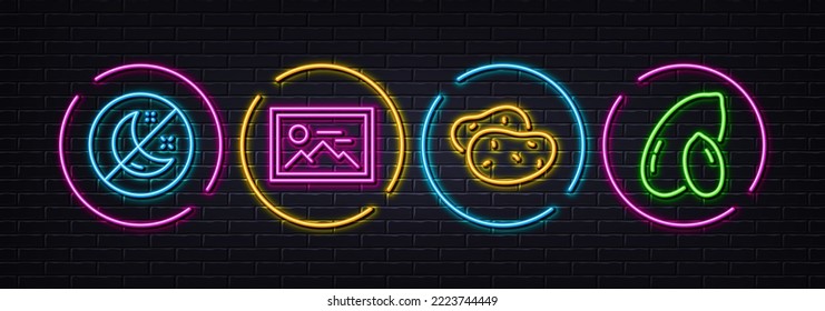 Insomnia, Potato and Photo minimal line icons. Neon laser 3d lights. Peanut icons. For web, application, printing. Stop sleep, Fresh vegetable, Image placeholder. Vegetarian nut. Vector