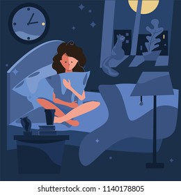 insomnia. problem of sleeping. the girl is holding a pillow. sleeping pills and a glass of water. hours and midnight. night shadows and blue background. not to fall asleep. the light of the moon