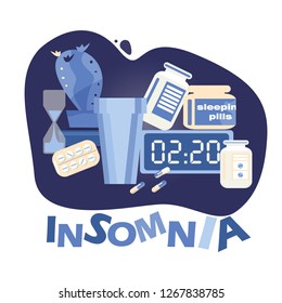 insomnia. problem of sleeping. sleeping pills and a glass of water. hours and midnight. night shadows and blue background. not to fall asleep. the light of the moon
