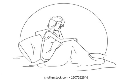 Insomnia Problem Suffering Girl In Bed Black Line Pencil Drawing Vector. Sadness Young Woman With Insomnia, Depression Or Stress. Tired And Exhausted Lady. Character Headache Or Migraine Illustration