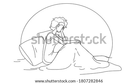 Insomnia Problem Suffering Girl In Bed Black Line Pencil Drawing Vector. Sadness Young Woman With Insomnia, Depression Or Stress. Tired And Exhausted Lady. Character Headache Or Migraine Illustration