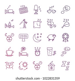 Insomnia problems and sleeping line icons set. Sleep and insomnia, health rest sleepless, vector illustration