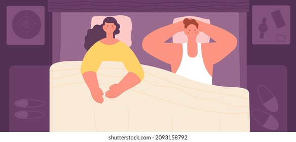 Insomnia problems. Sleeping man, tired couple in bed. Sleepless night, sick awake male and female. Sleep disorder, mental problems utter vector concept