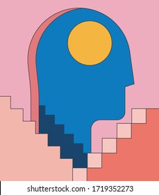 Insomnio, psicología de la salud mental ilustración con silueta de cabeza humana como puerta y escaleras de arquitectura abstracta. Ilustración vectorial de diseño plano minimalista. 