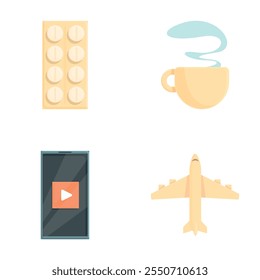 Insomnia reason icons set cartoon vector. Coffee, air travel, gadget and medicine. Sleeping problem