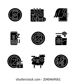 Insomnia reasons black glyph icons set on white space. No device before bedtime. Sleep hygiene. Regular exercise. No caffeine, milk and honey. Silhouette symbols. Vector isolated illustration