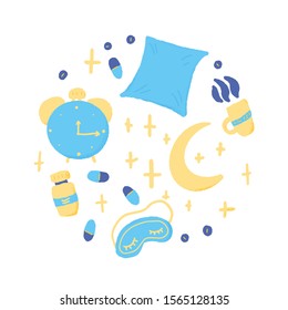 Insomnia round emblem. circle composition with sleepless symbols: mask, moon, stars, pillow, alarm clock, pills. Trouble sleeping concept. Vector illustration.