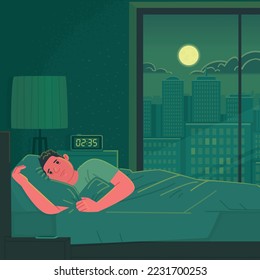 Insomnio Triste Tierd hombre no puede dormir tumbado en cama ansiedad por estrés nocturno