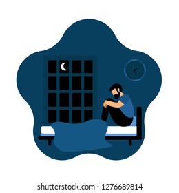 Insomnia. Sad unhappy young man sitting on a bed. Night. Flat vector illustration.