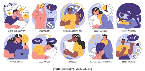 Insomnia set. Diverse characters suffering from sleep deprivation. Sleep and mental disorder. Sleep hygiene and stages. Circadian rhythm maintaining. Flat vector illustration.