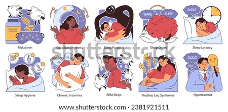 Insomnia set. Diverse characters suffering from sleep deprivation. Sleep and mental disorder. Sleep hygiene and stages. Circadian rhythm maintaining. Flat vector illustration.