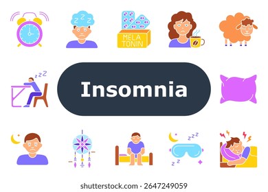 Insomnia set icon. Alarm clock, sleepless person, melatonin, sad face, sheep, pillow, drowsiness, moon, dreamcatcher, sitting in bed, sleep mask, disturbed sleep, bedtime issue.