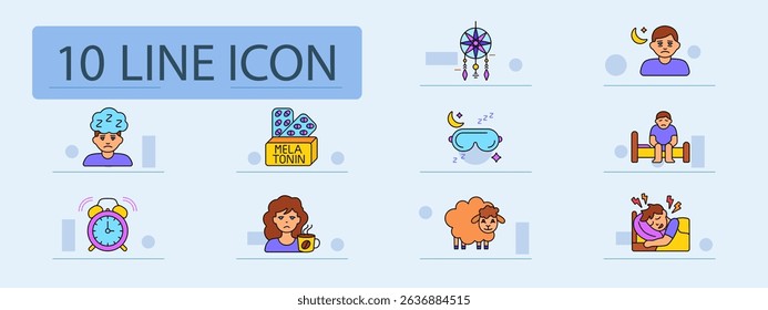 Insomnia set icon. Boy with brain cloud, melatonin pack, dreamcatcher, eye mask, tired man with moon, man on bed, alarm clock, coffee, sheep, pain in sleep