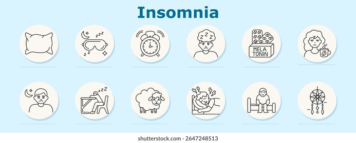 Ícone de conjunto de insônia. Mostra travesseiro, máscara de sono, despertador, rosto sonolento, melatonina, caneca de cafeína, lua com pessoa, dormir na mesa, contar ovelhas, sono agitado, cama sentada, dreamcatcher