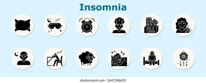 Insomnia set icon. Displays pillow, sleep mask, alarm clock, drowsy face, melatonin, caffeine mug, moon with person, sleeping at desk, counting sheep, restless sleep, bed sitting, dreamcatcher