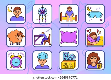 Ícone de conjunto de insônia. Mostra travesseiro, máscara de sono, despertador, rosto sonolento, melatonina, caneca de cafeína, lua com pessoa, dormir na mesa, contar ovelhas, sono agitado, cama sentada, dreamcatcher