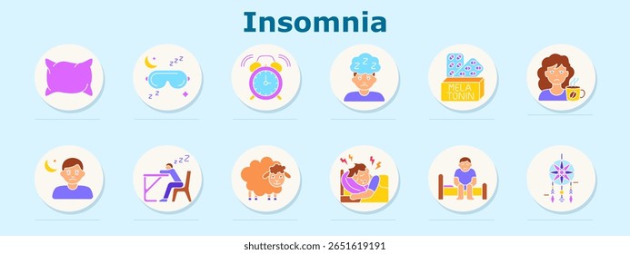Ícone de conjunto de insônia. Mostra travesseiro, máscara de sono, despertador, rosto sonolento, melatonina, caneca de cafeína, lua com pessoa, dormir na mesa, contar ovelhas, sono agitado, cama sentada, dreamcatcher