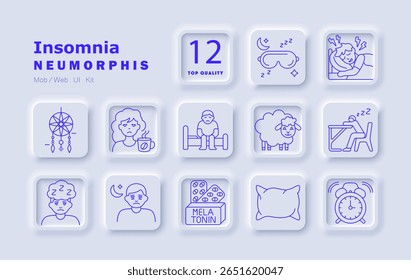 Insomnia set icon. Displays pillow, sleep mask, alarm clock, drowsy face, melatonin, caffeine mug, moon with person, sleeping at desk, counting sheep, restless sleep, bed sitting, dreamcatcher