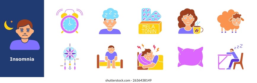 Insomnia set icon. Sad face, ringing alarm, sleepless man, melatonin pills, tired woman, coffee, sheep, dreamcatcher, bed sitting, pillow, night stress, mental overload, sleep disorder.
