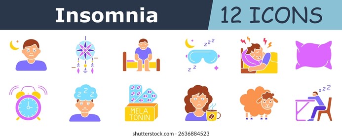 Insomnia set icon. Sad face, moon, dreamcatcher, man in bed, sleep mask, pillow fight, alarm clock, sleepy boy, melatonin pack, tired woman, cup with steam, sheep, sleeping at desk