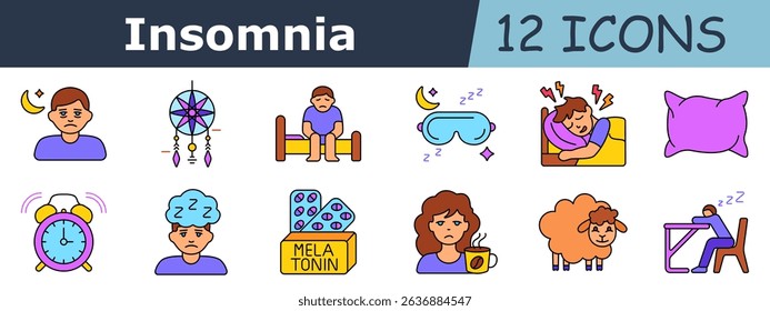 Insomnia set icon. Sad face, moon, dreamcatcher, man in bed, sleep mask, pillow fight, alarm clock, sleepy boy, melatonin pack, tired woman, cup with steam, sheep, sleeping at desk