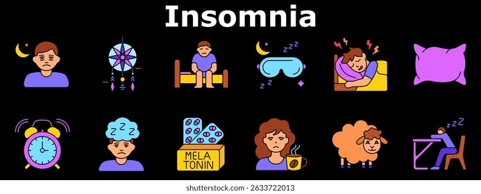 Icono de conjunto de insomnio. Tristeza en la noche, atrapasueños, insomnio, máscara de ojos, descanso perturbado, almohada, reloj, melatonina, cara cansada, café, ovejas, fatiga. Iconos multicolores.