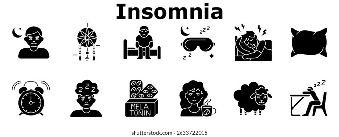 Insomnia set icon. Sadness at night, dreamcatcher, sleeplessness, eye mask, disturbed rest, pillow, clock, melatonin, tired face, coffee, sheep, fatigue.