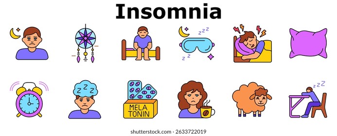 Insomnia set icon. Sadness at night, dreamcatcher, sleeplessness, eye mask, disturbed rest, pillow, clock, melatonin, tired face, coffee, sheep, fatigue. Multicolored icons.