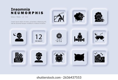 Insomnia set icon. Sleepless man, tired posture, sheep count, caffeine drink, dreamcatcher, bed rest, night mask, melatonin pills, alarm clock, empty pillow, restless sleep.